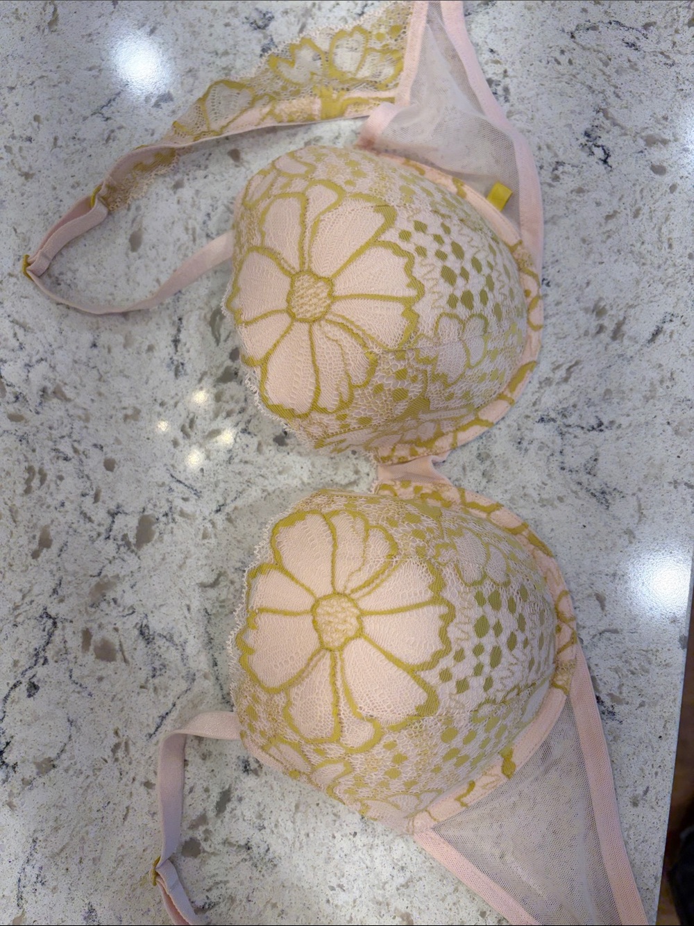Victoria Secret Light Pink Lace Floral Bra with green Accents